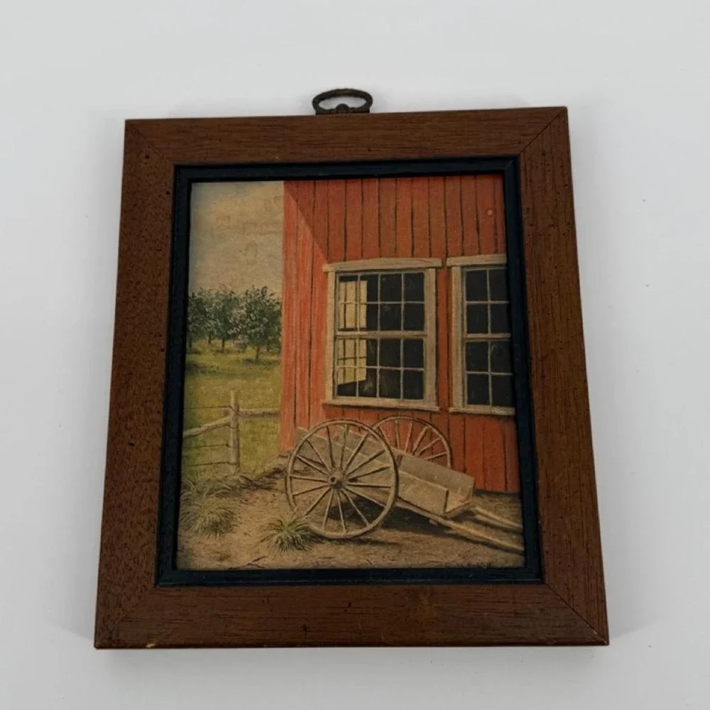 Vintage 1950s Framed Farmhouse Scene Red Barn Wheelbarrow Wood Frame 8x7